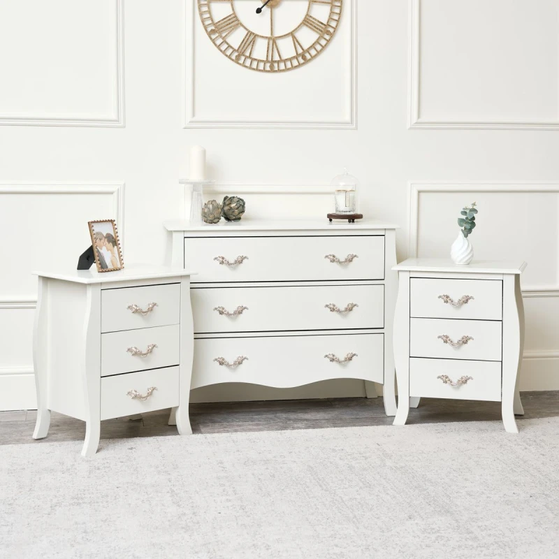 Image of Melody Maison Large 3 Drawer Chest Of Drawers & Pair Of Bedside Tables - Elizabeth Ivory Range Off White