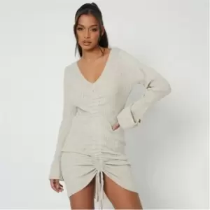 Image of I Saw It First Ruched Front Rib Knit Mini Dress - Brown