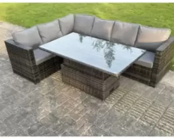 Image of Fimous 6 Seater Outdoor Dark Grey Rattan Lounge Complete Sofa Set with Adjustable Dining Table