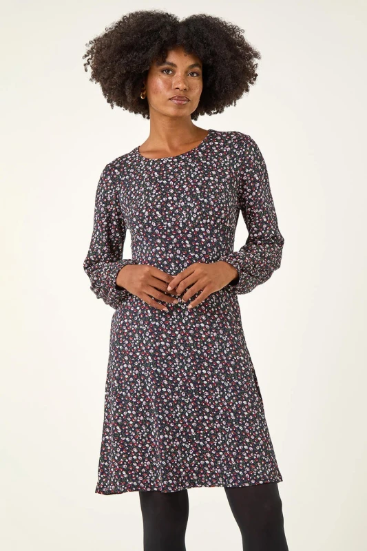 Image of Roman Ditsy Floral Print Stretch Dress Navy