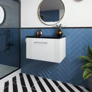Image of Deco Wall Hung 1-Drawer Vanity Unit with Sparkling Black Worktop 600mm Wide - Satin White - Nuie