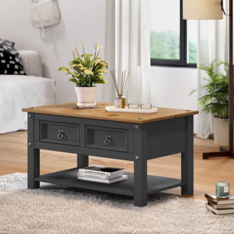 Image of Mercers Furniture Corona Charcoal 2 Drawer 1 Shelf Coffee Table Solid Pine With Mexican Styling, Grey CHARC36