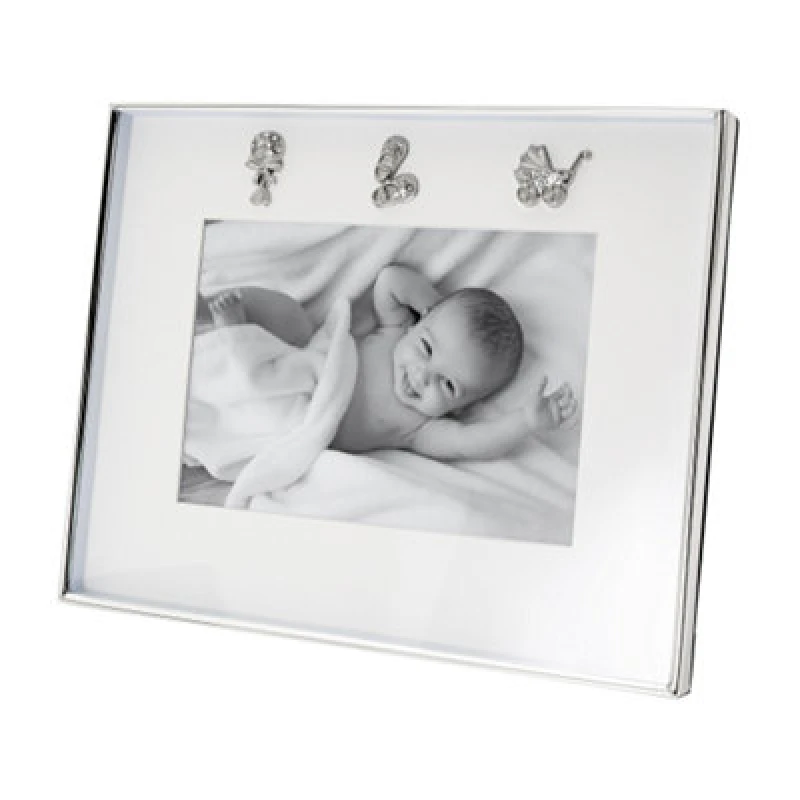 Image of Happy Homewares Silver Baby Photo Frame With Pram, Booties & Rattle Icons