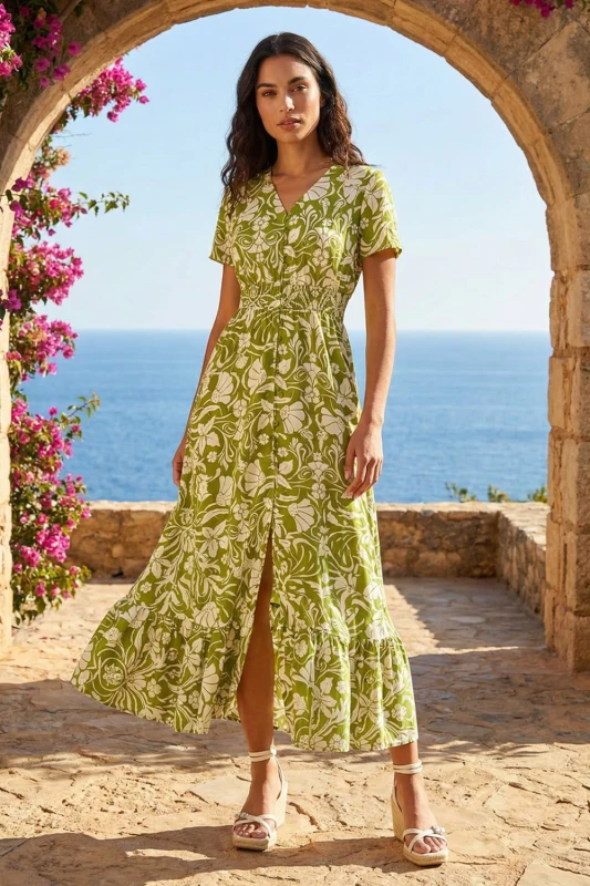 Image of Roman Womens Floral Print Button Detail Maxi Dress in Lime Size: 10 Lime Female 10