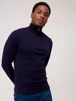 Image of Tommy Hilfiger Pima Cotton Cashmere Quarter Zip Knit - Desert Sky Navy , Desert Sky Navy Size M Men