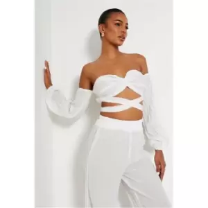 Image of I Saw It First White Textured Off The Shoulder Long Sleeve Crop Top Co-Ord - White