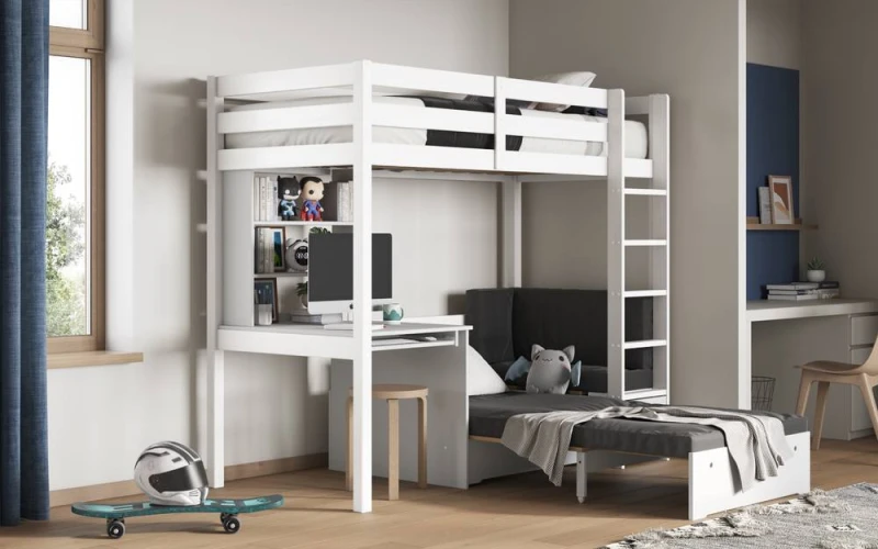 Image of Noomi Eino High Sleeper with Futon Sofa & Desk in Black Size: EU Single Black Unisex EU Single