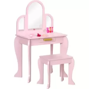 Image of Homcom - Kids Dressing Table Set Kids Vanity Set w/ Drawer, Mirror - Pink - Pink