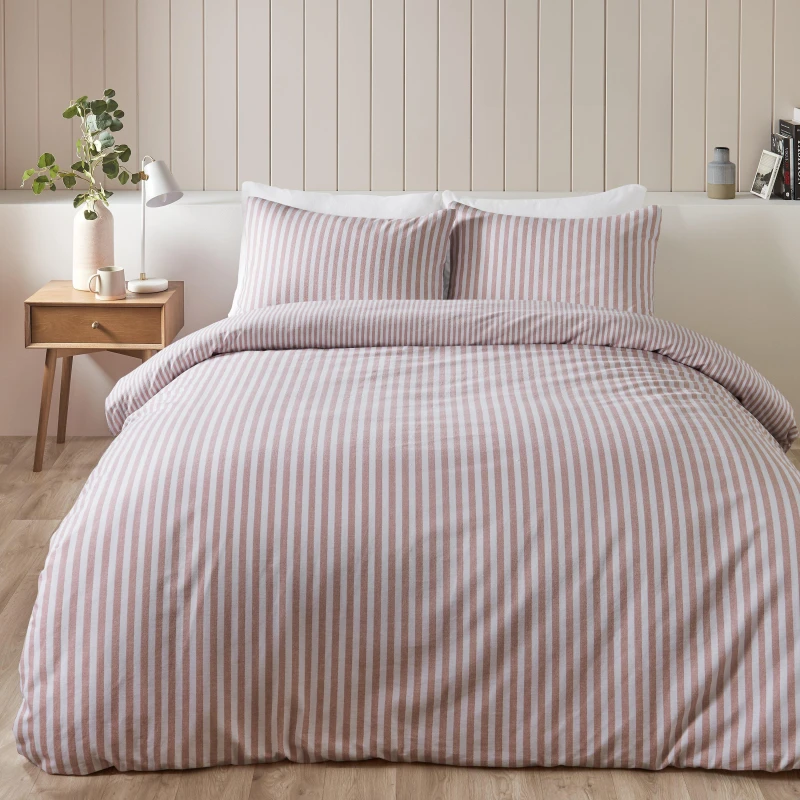 Image of Catherine Lansfield Catherine Lansfield 'Brushed Cotton Stripe' Duvet Cover Set in Pink Size: Super King Pink Super King Unisex 5057681185392