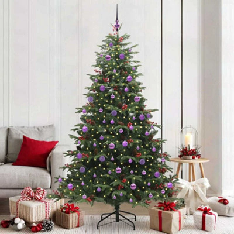 Image of vidaXL Artificial Christmas Tree with LED Strip Lights, Lilac Balls Green 210 cm, Green 3395565