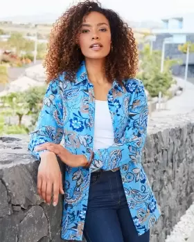Image of Cotton Traders Womens Seersucker Long Sleeve Print Shirt in Blue