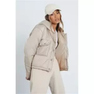 Image of I Saw It First Stone Utility Pocket Padded Jacket With Hood - Brown