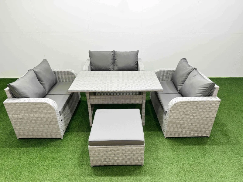 Image of Fimous 7 Seater PE Wicker Rattan Furniture Sofa Sets with Rectangular Dining Table 2 Seater Love Sofa Big Footstool Light Grey Light Grey