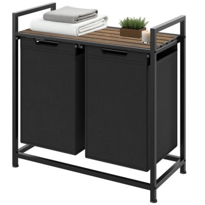 Image of Tectake Dual Laundry Basket - 2 Pull Out Compartments, Wooden Folding Shelf & High Capacity Rectangle 46 L 34 X 74 X 72cm - Black/brown