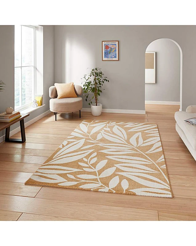 Image of Catherine Lansfield Sorral Leaves Botanical Rug Ochre