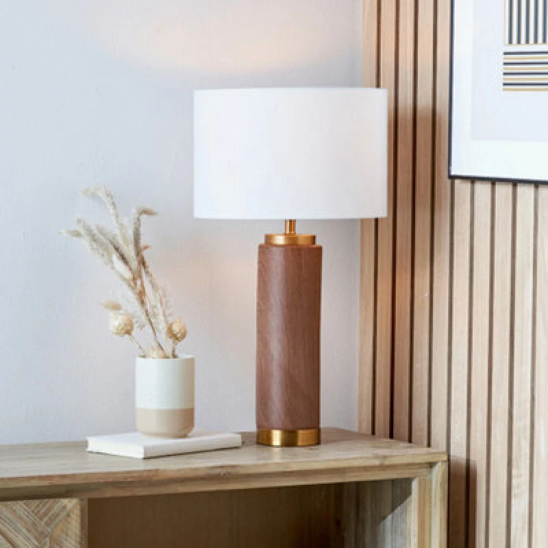 Image of Ruma Wood Effect Ceramic Tall Table Lamp with Shade Brown