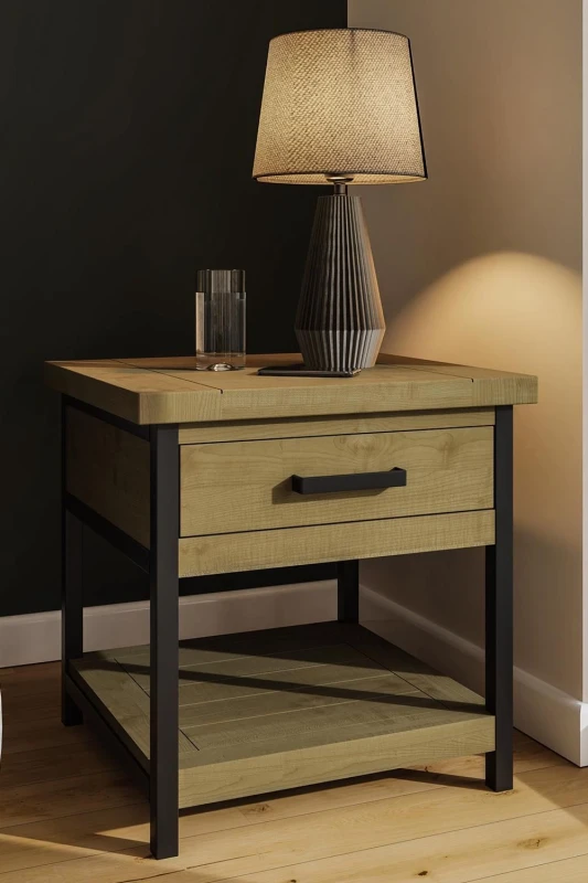 Image of FW Style Lowry 1 Drawer Side Table Driftwood Lacquered Solid Reclaimed Pine, Brown LOW10