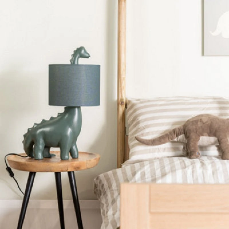 Image of ValueLights ValueLights Kids Green Dinosaur Bedside Table Lamp with Drum Fabric Shade in Dark Green Dark Green One Size Unisex 5016529265467