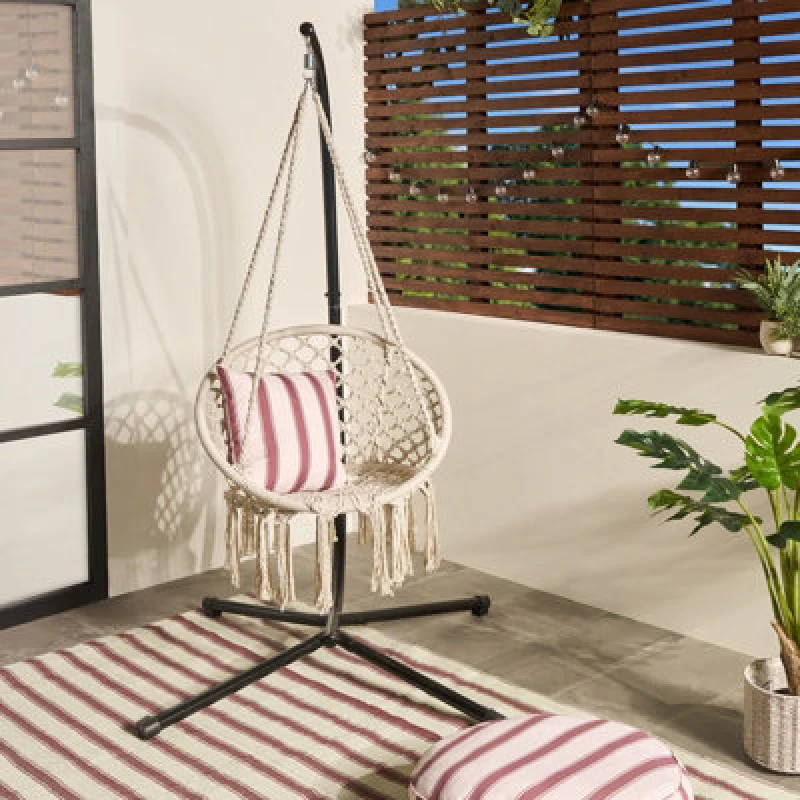 Image of OHS OHS Macrame Hanging Chair Outdoor Swing Garden Hammock Rope Tassels in Cream Cream One Size Unisex 5027434209699