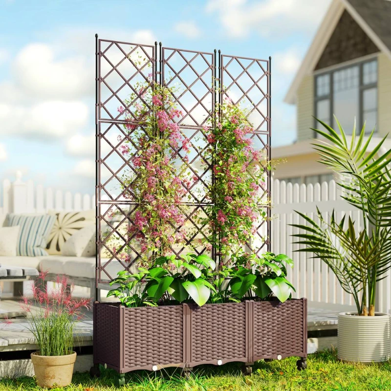 Image of OUTSUNNY Plastic Raised Planter with Trellis & Self Watering Design in Brown Brown Unisex