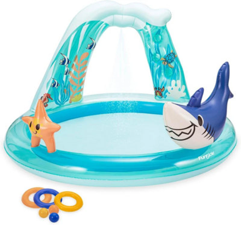 Image of Summer Waves Inflatable Children Pool, Round Funsicle Shark Adventure, Blue