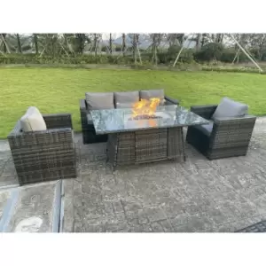 Image of Fimous 5 Seater Outdoor Dark Grey Wicker Rattan Lounge Complete Sofa Set with Gas Fire Pit Table Heater