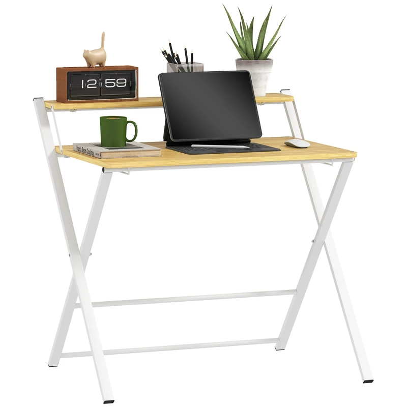 Image of HOMCOM Folding Desk with 2-Tier Shelf for Home Office - Maple Wood-effect TJ Hughes 5063603456488