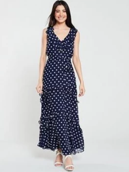 Image of Wallis Spot Frill Detail Maxi Dress - Navy, Size 10, Women