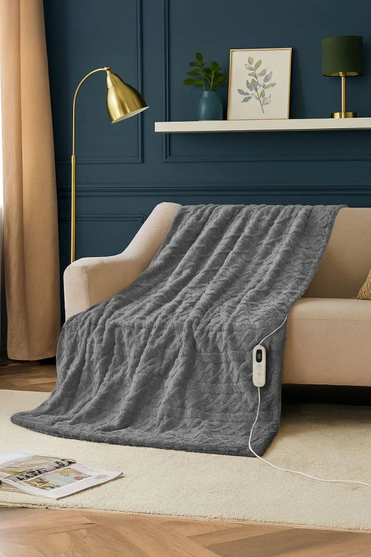 Image of Neo Electric Cable Knit Effect Heated Throw Reversible Blanket in Grey Size: 130cm x160cm Grey Unisex 130cm x160 cm