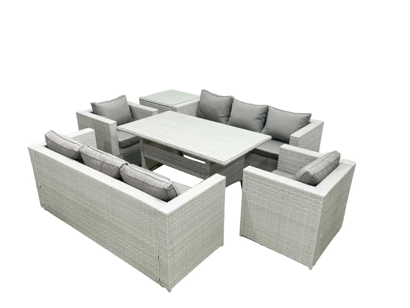 Image of Fimous Rattan Garden Furniture Set Outdoor 8 Seater Patio Dinin g Sofa Sets with Dining Table 2 Chairs Side Table Light Grey Mixed Light Grey