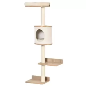 Image of Pawhut Wall Mounted Cat Tree & Shelf With Condo Bed & Scratching Post - Light Brown