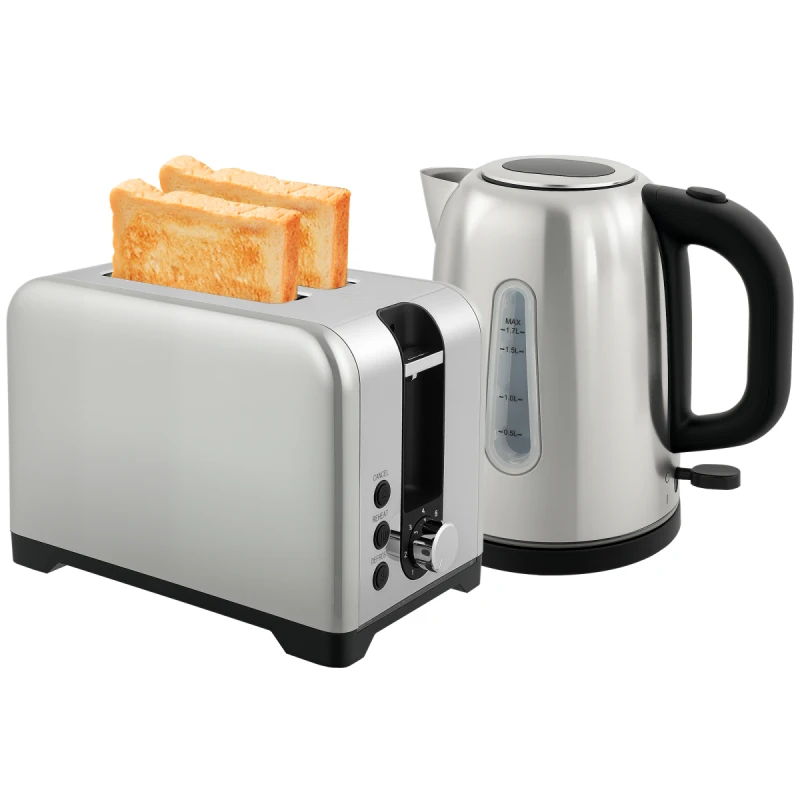 Image of HOMCOM HOMCOM 1.7L 3000W Fast Boil Kettle and 2-Slice Toaster Set with Otter Thermostat in Silver Silver One Size Unisex 5063603880740