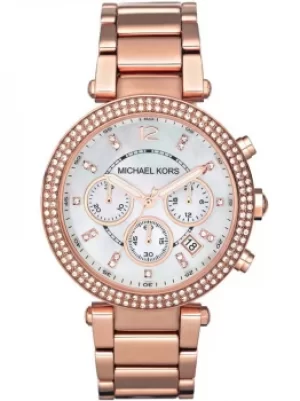 Image of Michael Kors Mother of Pearl Stone Chronograph Dial Rose Gold...