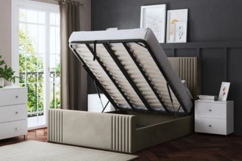 Image of DS LIVING Elara Winged Cream Upholstered Bed With Ottoman Metal Gas Lift Small Double AM_DVNSHROB_SDB_CRE