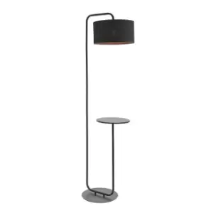 Image of Satin Black Floor Lamp with Side Table - 1750mm Height - 38cm Black Fabric Shade
