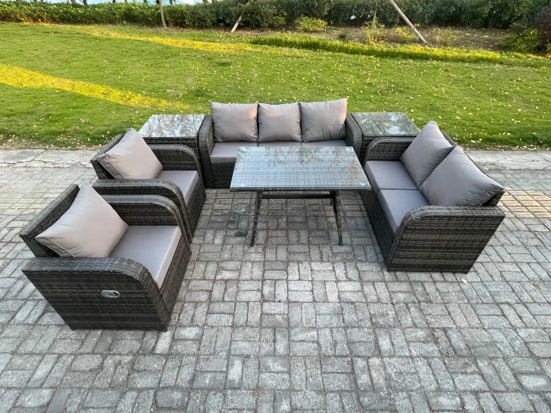 Image of Fimous 7 Seater High Back PE Rattan Sofa Set Outdoor Garden Furniture Dining Table Set With Reclining Chair Love Sofa Dark Grey
