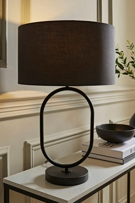 Image of ValueLights ValueLights Antonia Fabric Drum Lamp Shade Matte Black Oval Table Lamp in Charcoal Charcoal One Size Unisex 5059406064944