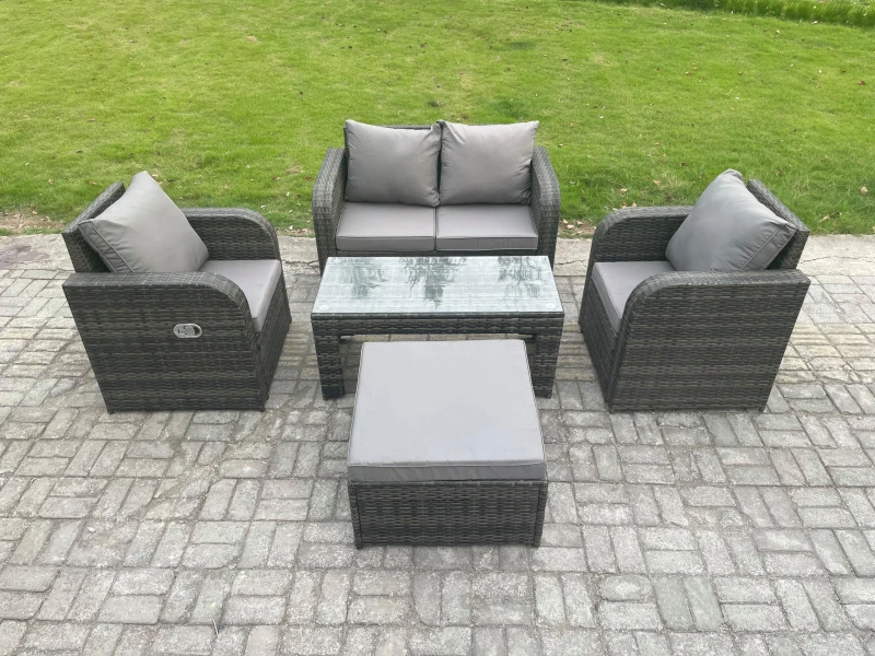 Image of Fimous Outdoor Lounge Sofa Set Rattan Garden Furniture Set with Rectangular Coffee Table Big Footstool Dark Grey Mixed Dark Grey