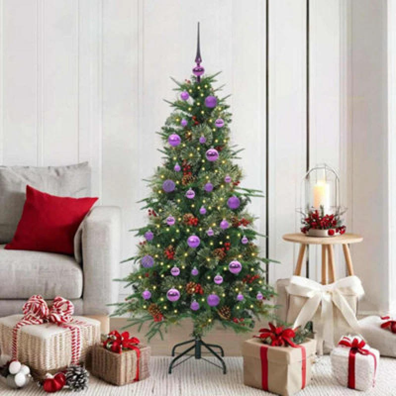 Image of vidaXL Artificial Hinged Christmas Tree with Lilac Balls Green 150cm PE and PVC, Green 3397412