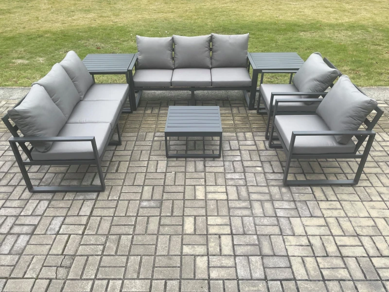 Image of Fimous Aluminium Outdoor Lounge Sofa Set Garden Furniture Sets with Square Coffee Table 2 Chairs 2 Side Tables Dark Grey 8 Seater Dark Grey Unisex
