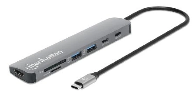 Image of Manhattan Manhattan USB-C Dock/Hub with Card Reader, Ports (x5): HDMI, USB-A (x2) and USB-C (x2), With Power Delivery (100W) to USB-C Port (Note addit