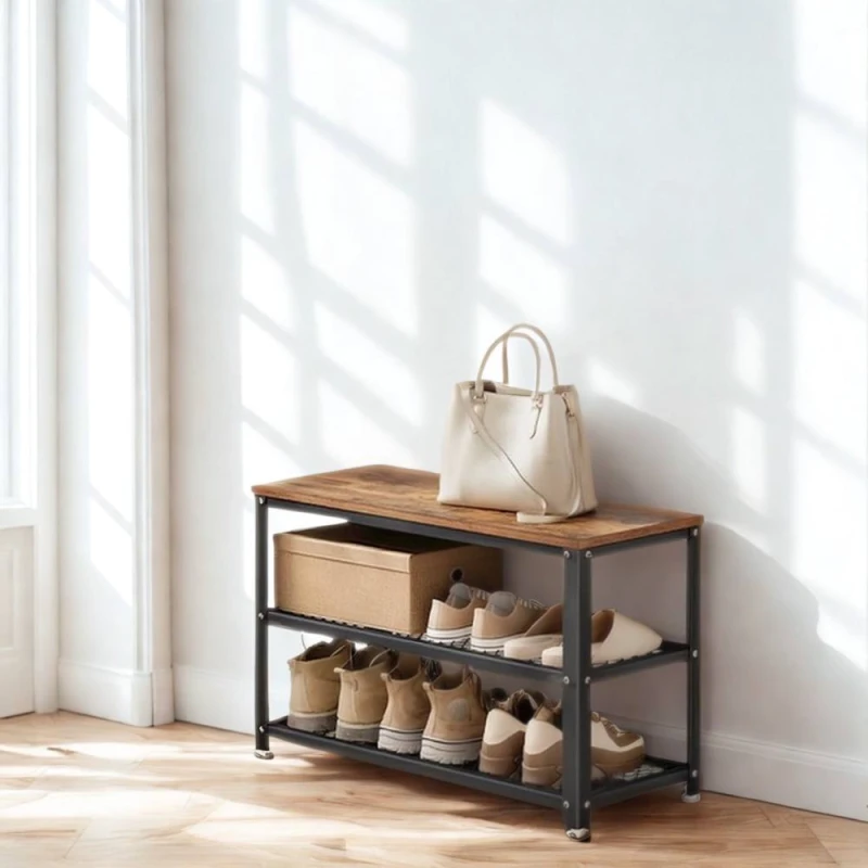 Image of Pirlo Plush Shoe Storage Rack Bench With Open Shelves in Brown Brown Unisex