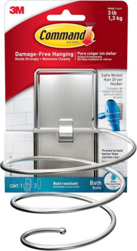 Image of 3M CLAW Command Bath Hair Dryer Holder Satin Nickel Bath39-SN, 1 Holder + 2 Large Strips Silver