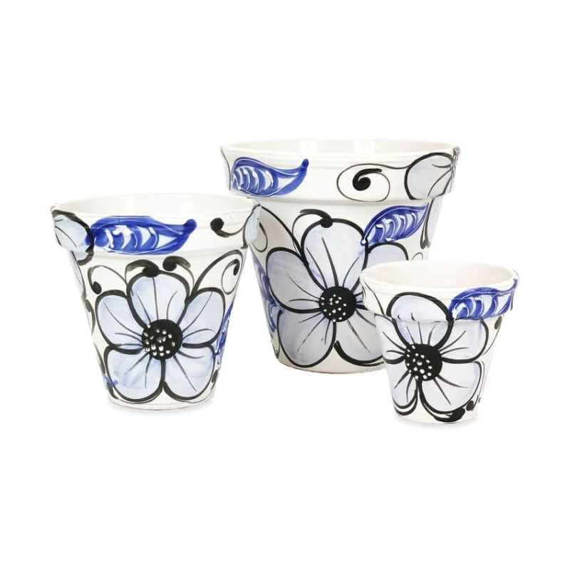 Image of Verano Spanish Ceramics Blue Flowers Hand Painted Set of 3 Outdoor Garden Classic Plant Pots (D) 16-29cm Blue