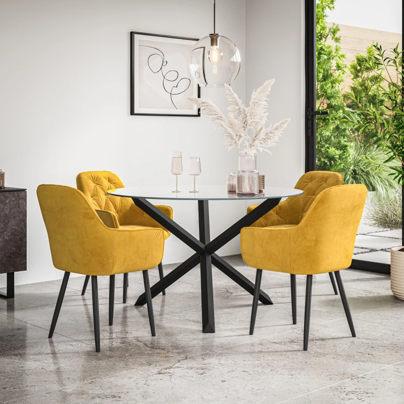 Image of More4Homes Malvern Round Dining Table And Chairs - Clear Glass Table Top W Solid Black Oak Legs + 4 Anika Velvet Dining Chairs (Mustard)