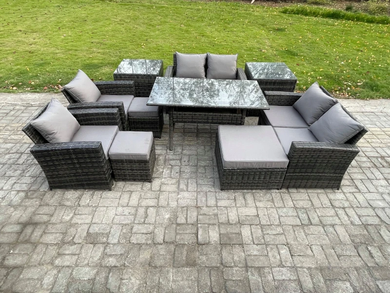 Image of Fimous Garden Furniture Sets 10 Pieces Rattan Furniture Handmade Wicker Patio Sofa Set with 3 Footstools 2 Side Tables in Dark Grey Dark Grey Unisex