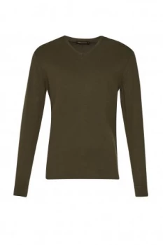 Image of Mens French Connection Milano Front Cotton V Neck Jumper Forest Green