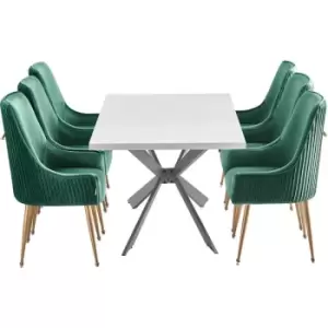 Image of 7 Pieces Life Interiors Soho Duke Dining Set - a White Rectangular Dining Table and Set of 6 Blue Dining Chairs - Blue