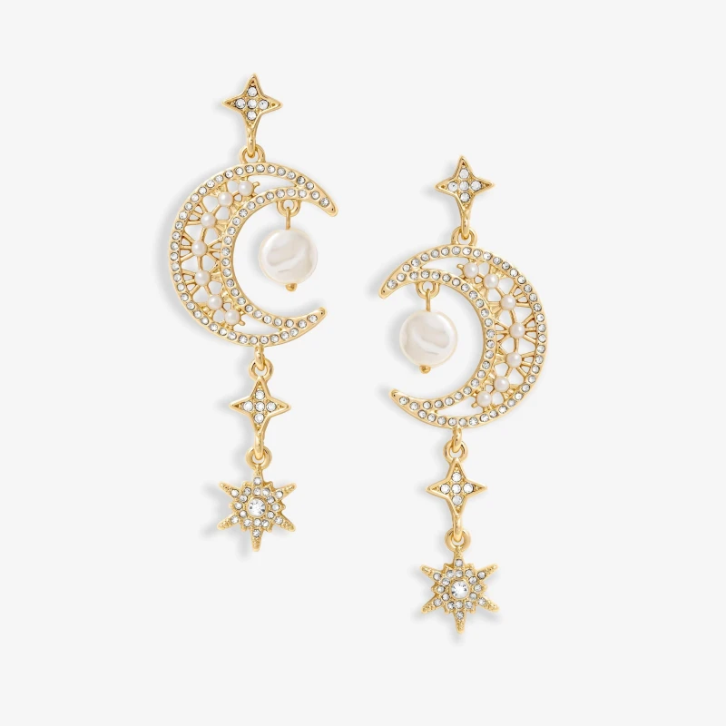 Image of Mood Gold Crystal And Pearl Moon Charm Drop Earrings Gold
