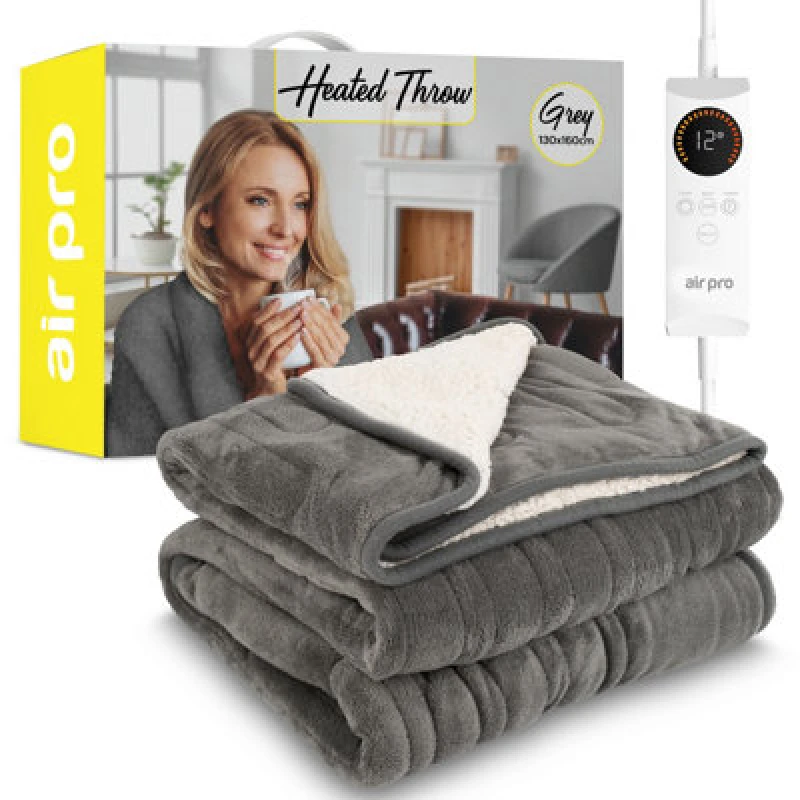 Image of Air Pro Heated Throw - Electric Blanket - Digital Controller - Timer Up To 9 Hour, 6 Settings - Single 130X160Cm - Grey Shearling